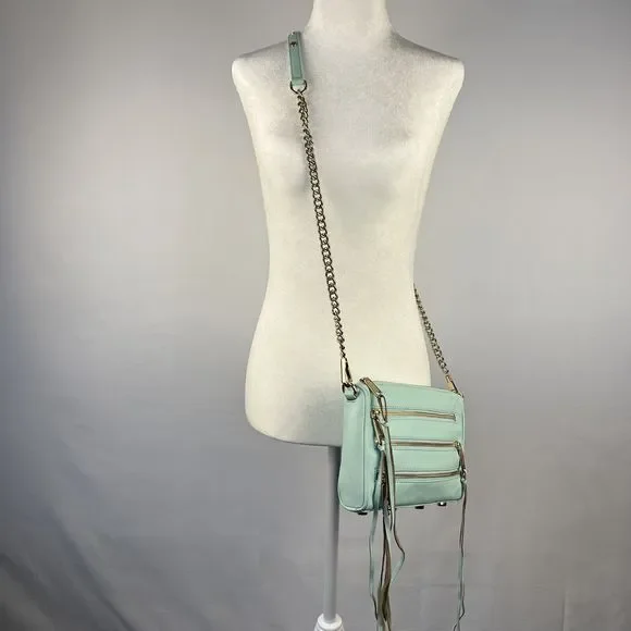 Rebecca Minkoff Crossbody Mini Bag Leather Purse Studded 5 Zip Mint Clutch Tote - Picture 10 of 16